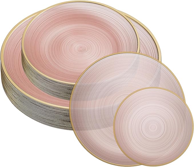 PLASTICPRO 128 Pieces Crystal Design Plastic Plates Combo Pack 64-7 inch and 64-10 inch Elegant Disposable Plates, Rose Color With Gold Rim