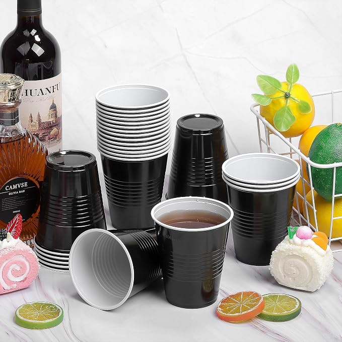 Kochorie 100 Pack Black Disposable Plastic Cups 12 Ounce Drinking Party Cups Bulk Party Cups for Wedding Birthday Graduation Christmas Parties, Picnics Events