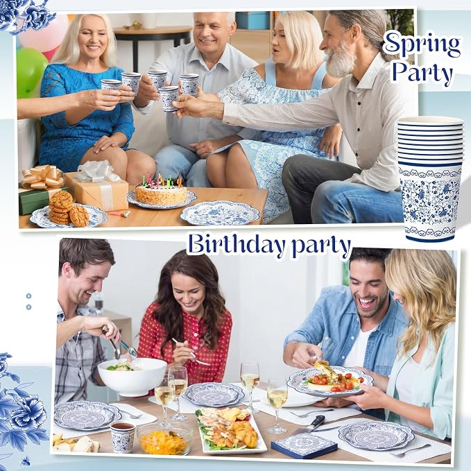 Pickmesh 250 Pcs Chinoiserie Party Supplies Decorations Blue and White Porcelain Disposable Paper Plates Napkins and Cups for Blue White Floral Baby Shower Birthday Wedding Tea Party, Serve 50