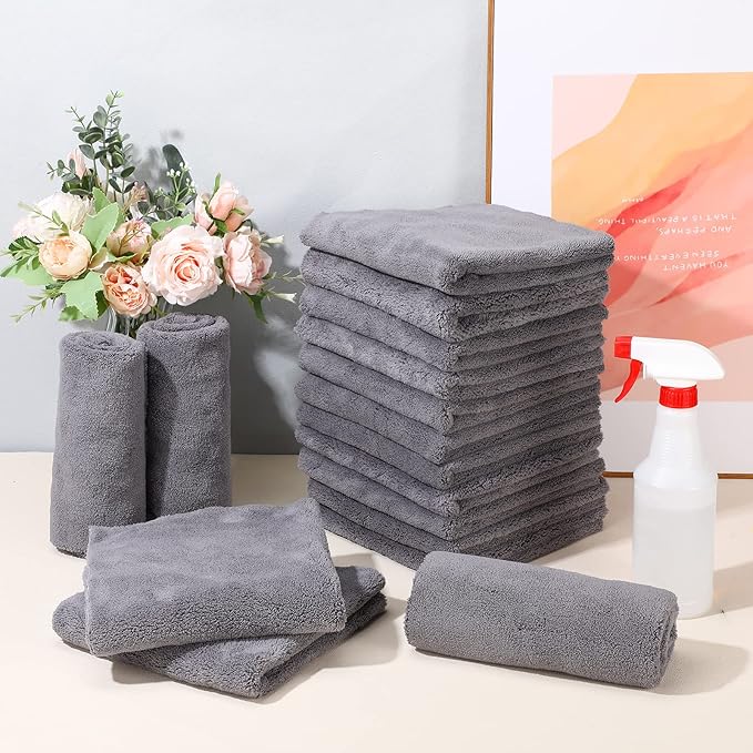 Shimeyao 30 Pcs 16 x 16 Inch Edgeless Microfiber Plush Towels for Cars Detailing Drying Wash Polishing Absorbent Cleaning Cloths, 500 GSM (Gray)