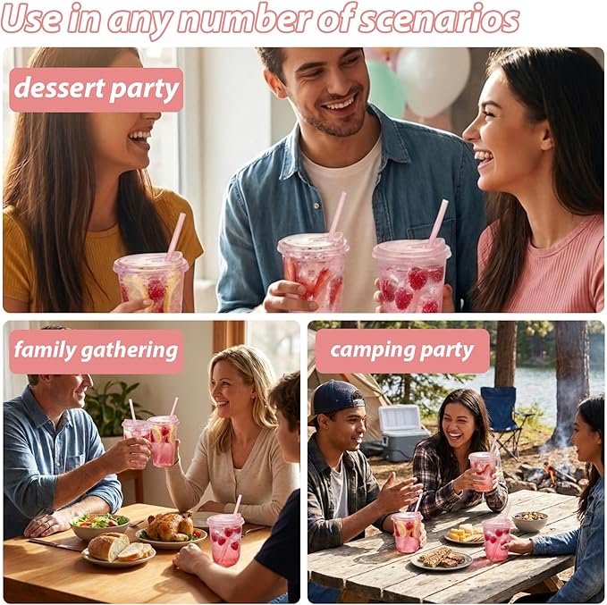 16oz Disposable Stemless Glasses With Strawless Sip Lids and Straws,PET Disposable Drinking Cups,Clear Plastic Wine Glasses for Parties Birthday,Wedding,Meeting,Party Supplies. (50, Pink)