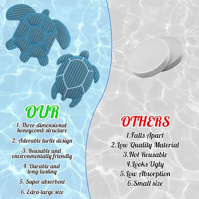 2 Pack Hot Tub Scum Absorber, Reusable Washable Scum Turtle Hot Tub Sponge for Spa Pool Cleaner Oil Absorbing Adults, Turtle