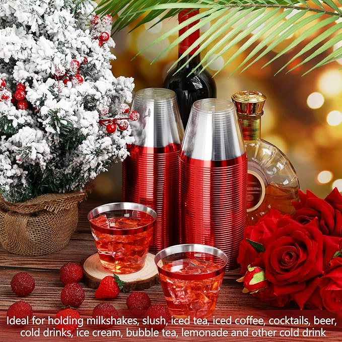 Lounsweer 100 Pcs 9oz Rimmed Plastic Cups Christmas Clear Cocktail Cups Heavy Duty Disposable Wine Glasses for Birthday Bridal Shower Baby Shower Holiday Celebrations(Red)