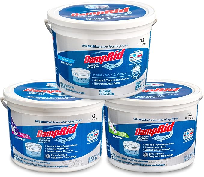 Damp Rid Moisture Absorber Bucket 3 Pack (2 lb. each) Hi-Capacity Moisture Absorbers, Room Odor Eliminator for Bathroom, Fragrance Free, Lavender Vanilla & Fresh Scent Packed By ILIOS