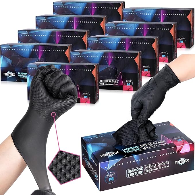 FINITEX Industrial Diamond Texture Nitrile Black Glove - 100/1000PCS Chemical Resistant 6.3mil Mechanic Disposable Gloves