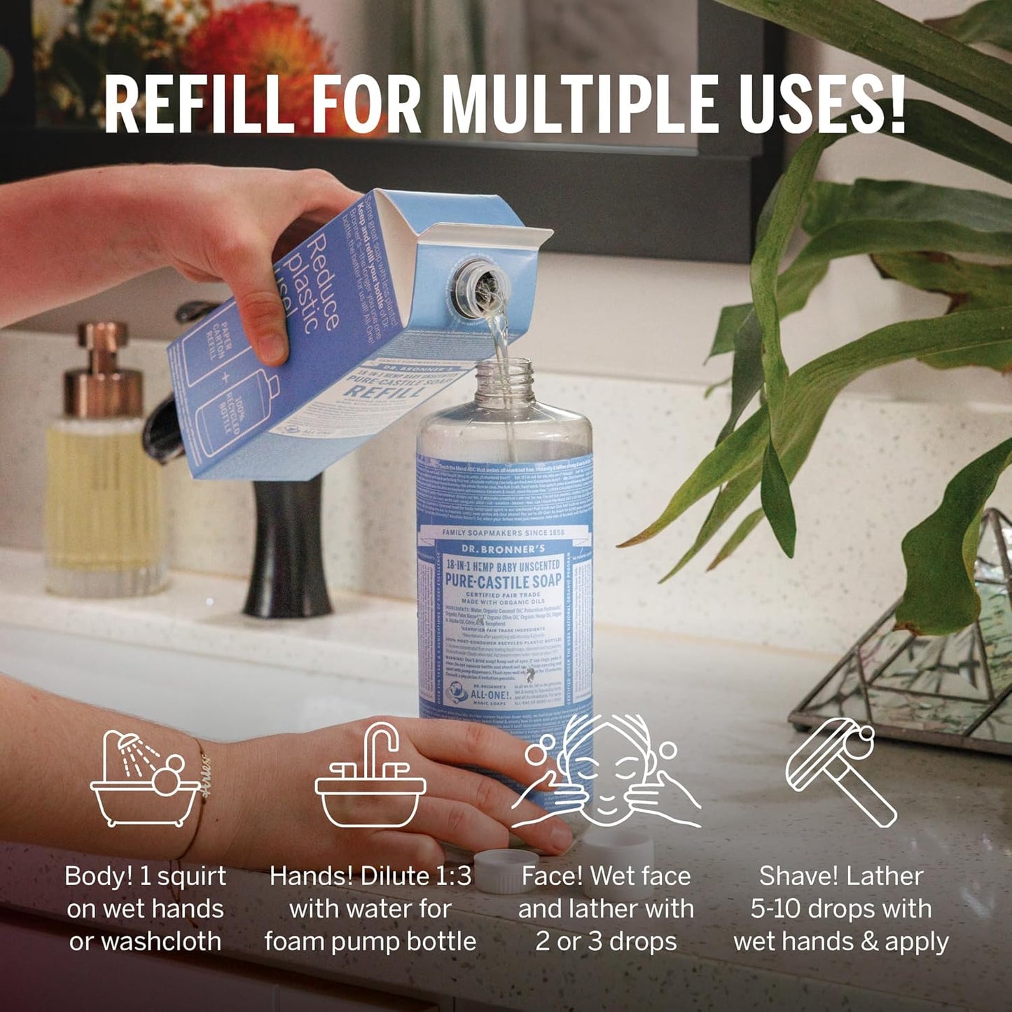 Dr. Bronner's Pure-Castile Liquid Soap Refill - Made with Regenerative Organic Certified Oils, 86% Less Plastic - 18-in-1 Uses, For Face, Body Wash, Hand Soap Refill & More - Baby Unscented, 32oz