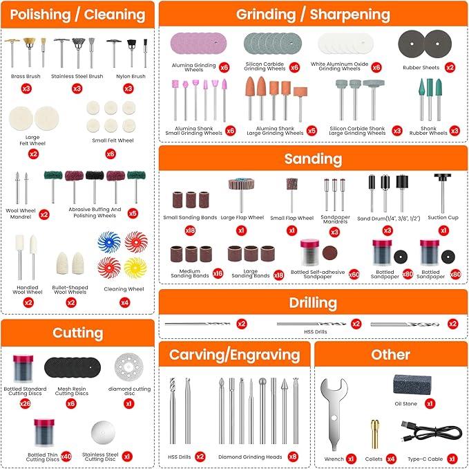 448PCS Rotary Tool Accessories Kit, 1/8" Universal Rotary Tool Bits, Includes 4V Cordless Rotary Tool (5 Speeds, 2000mAh) – Ideal for Sanding, Polishing, Engraving, Grinding