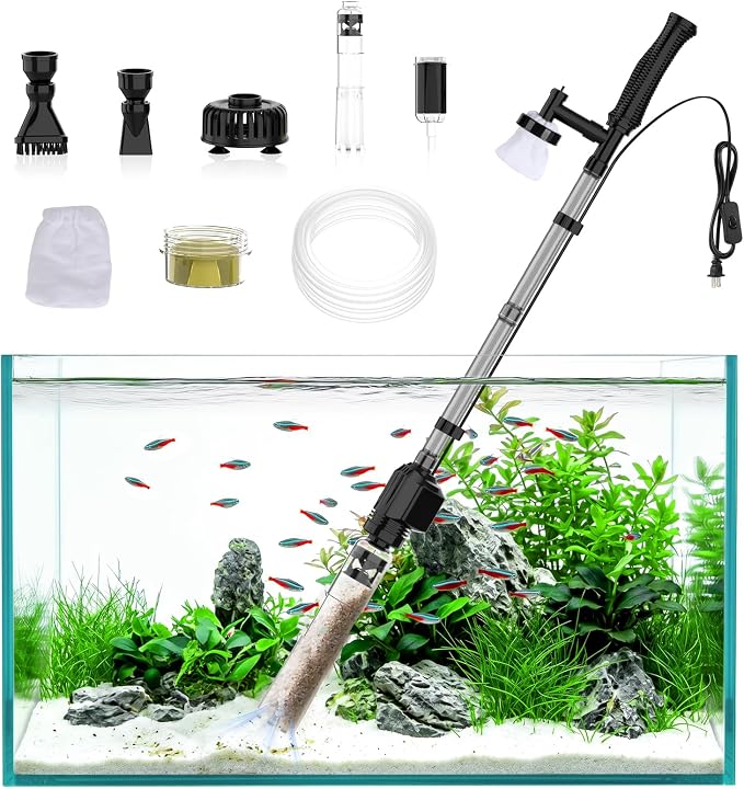 AQQA Electric Aquarium Gravel Cleaner, 6-in-1 Fish Tank Vacuum with Anti-Clog Gravel Barrier, Sand Washer, Water Changer, Filter Bag, Adjustable Flow & Water Circulation, 320GPH for 15+ Gallon Tanks