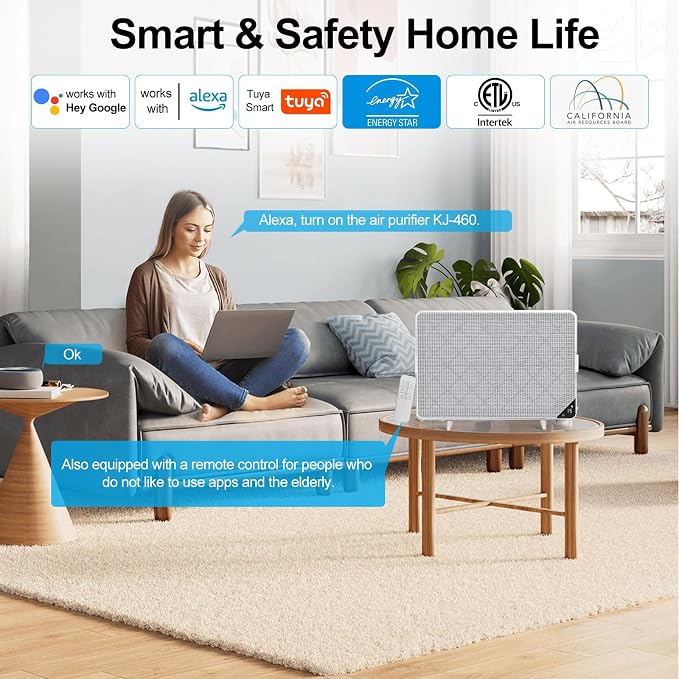 Wall-Mounted Air Purifiers for Home Dust Pollen Pets Hair Smoke in Bedroom, HEPA Air Purifier for Home Large room Covers Up to 1345 sq.ft, Sleep Mode, Auto Mode, WiFi/Remote Control, Timer