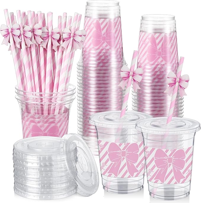 Maxdot 50 Pcs 16 oz Coquette Pink Bow Plastic Cups with Lids and Straws Pink Bowknot Disposable Drinkware for Party Supplies Baby Shower Birthday Bachelorette Wedding Bridal Party Supplies