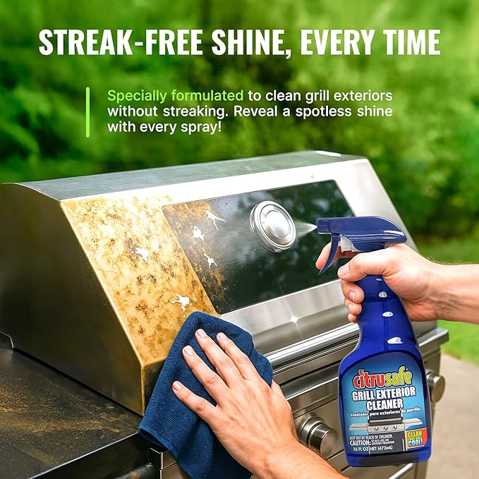 Citrusafe BBQ Grill Cleaner Spray, Exterior Cleaner, 3 CT Grill Scrubbers, and Microfiber Towel