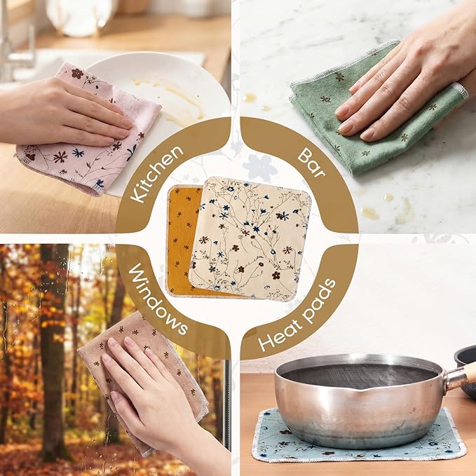 Redbaker 50 Pcs Reusable Paper Towels Paperless Reusable Cotton Cloths Toilet Absorbent Washable Paper Towels with Roll Kitchen Dishcloth for Kitchen Paperless Dishcloths(Little Flower)