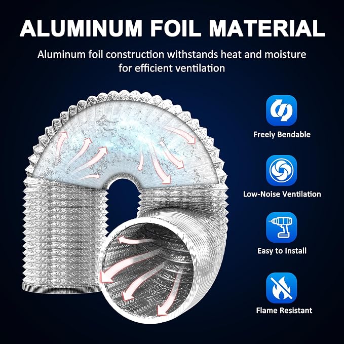 Dryer Vent Hose 3 Inch 6.5FT Aluminum Foil Flexible Ducting, Heavy-Duty HVAC Ventilation Duct for Kitchen Exhaust, Grow Tent, Bathroom Ventilation