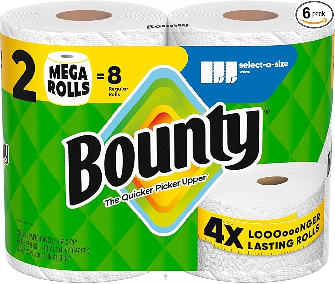 Bounty Select-A-Size Paper Towels, White, 2 Mega Rolls : 8 Regular Rolls (Pack of 6)