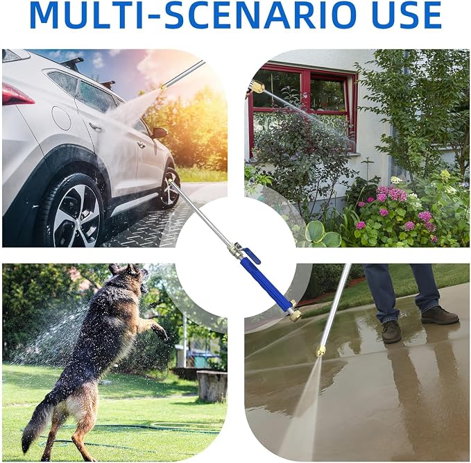 Buyplus Jet Nozzle High Pressure Hose Nozzle, 2-in-1 High Pressure Power Washer for House, Jet Nozzle for Garden Hose Power Washer Wand with 3 Different Tips, Quick Connectors and Gloves, 18 Inch Blue