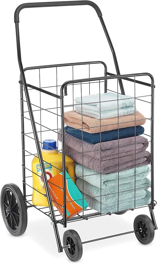 Whitmor Extra Large Utility Foldable Shopping Cart with Wheels, 100 Lb Capacity, Heavy Duty Grocery Cart with Steel Frame, Foam Handle, Rolling Collapsible Utility Trolley for Grocery, Laundry, Black