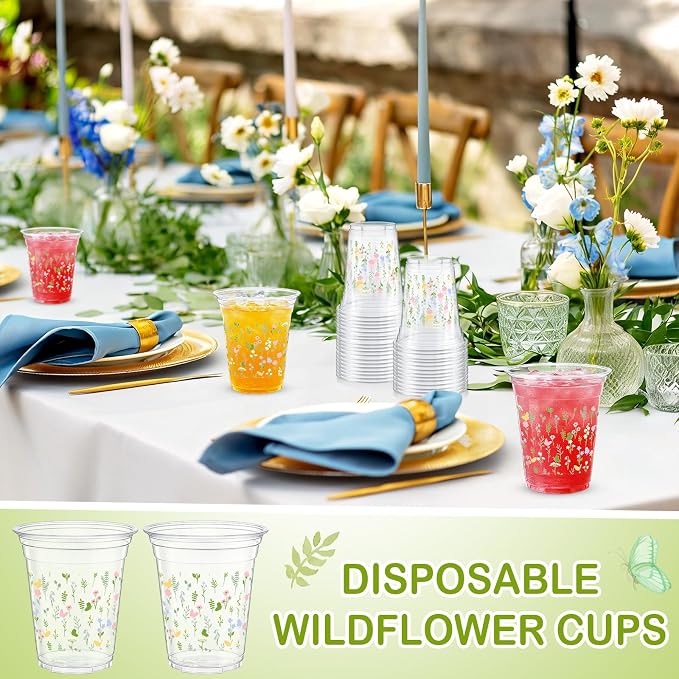 Qinyoung 50 Pcs Plastic Cups 12oz Disposable Cups Bulk Drinking Cup for Cold Drinks Baby Shower Wedding Birthday Valentine's Day Party Supplies (Floral)