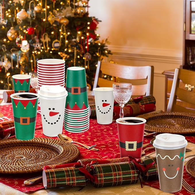 Dandat 16 oz 148 Pcs Christmas Coffee Paper Cups with Lids Disposable Christmas Paper Cups for Hot Cocoa Tea Beverage Holiday Xmas Party Supplies