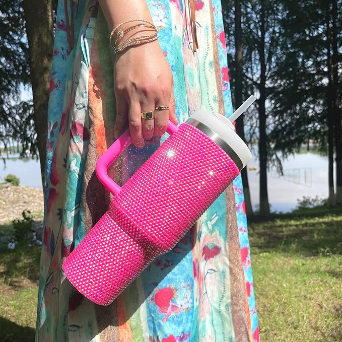 40oz Bling Tumbler with Handle and Straw Lid Rhinestone Studded Tumbler Cups Vacuum Insulated Stainless Steel Double Wall Water Bottle Travel Mug Gifts for Women Her (Hot Pink)