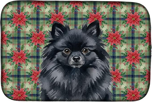 Caroline's Treasures Black Pomeranian Christmas PoinsettIas Dish Drying Mat Absorbent Dish Drying Mat Pad for Kitchen Counter Dish Drainer Mat for Countertop, 14 x 21", Multicolor