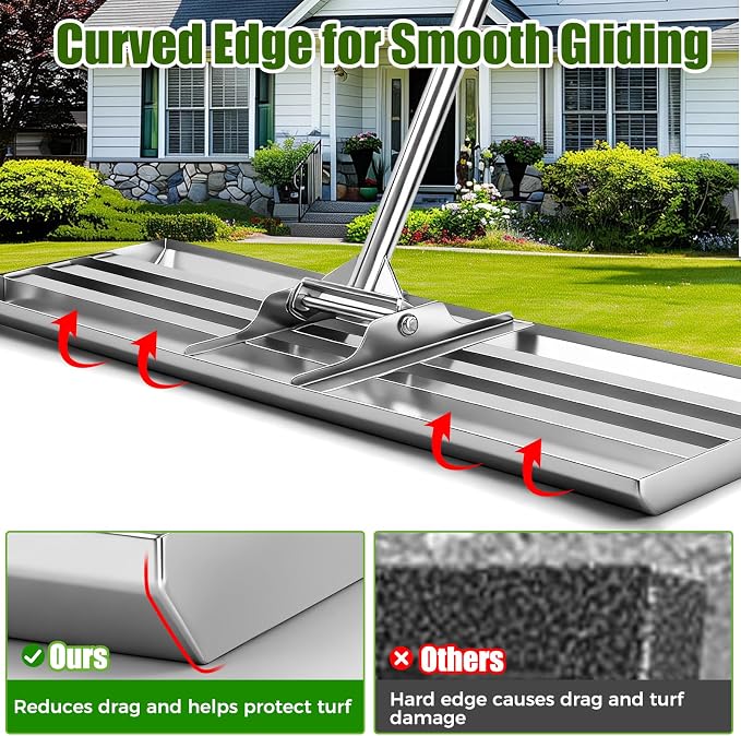 30" x 10" Lawn Leveling Rake, Heavy Duty 304 Stainless Steel Lawn Leveler | 78" adjustable handle, Curved edge for smooth leveling, reinforced triangle support, professional-grade build