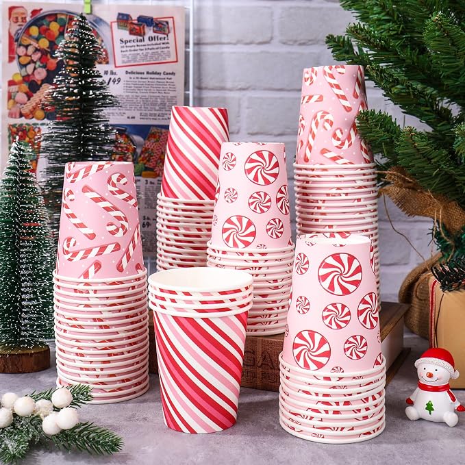 JarThenaAMCS 100Pcs Christmas Paper Cups 9Oz Red White Xmas Candy Cane Stripe Disposable Drink Cups for Winter Holiday Party Supplies Tableware Decor