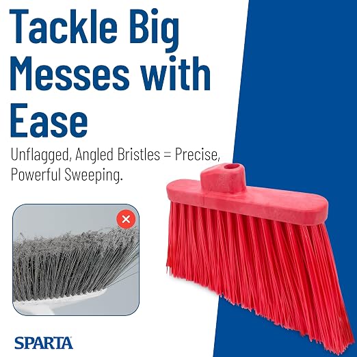SPARTA Plastic Broom Head, Angled, Un-Flagged for Large Debris Indoor, Outdoor, Home, Restaurant, Lobby, Office, 12 Inches, Red