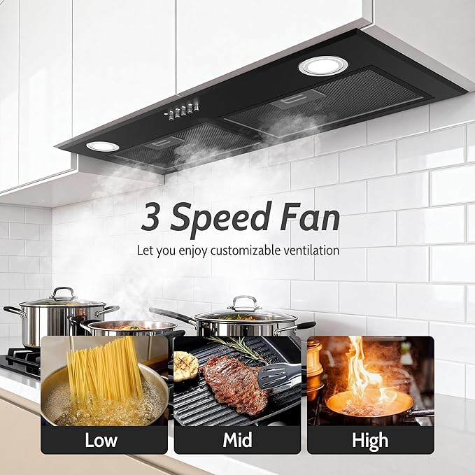 FIREGAS Black Range Hood 28 Inch, Built-in Kitchen Vent Hood with 450 CFM, 3 Speed Exhaust Fan, 2 LED Lights & Button Control, Ducted/Ductless Convertible