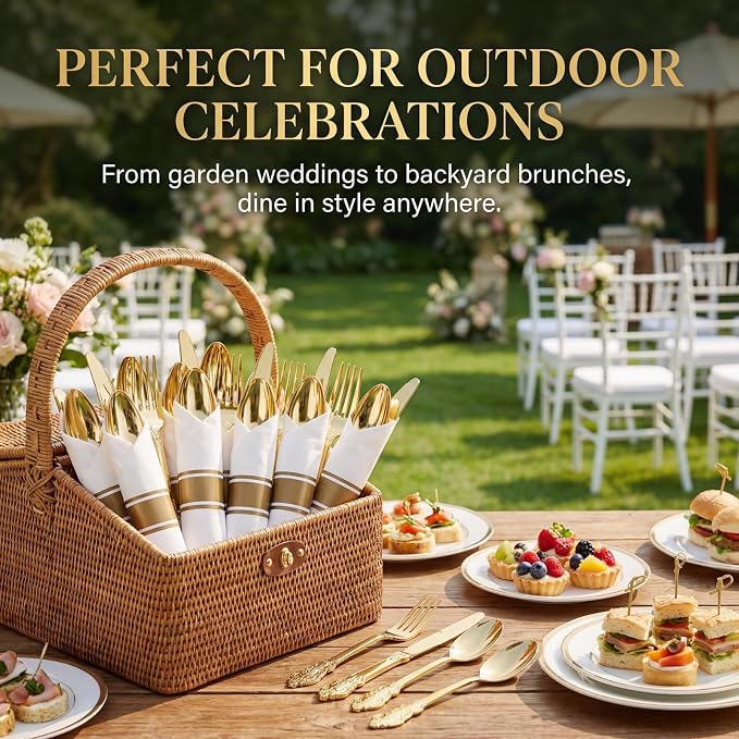 Liacere 400PCS Gold Plastic Silverware - Pre Rolled Napkins Disposable Gold Plastic Cutlery-Premium Quality Utensils-Includes 100Forks,100Knives,100Spoons,100 Napkins & Birthday Party &Events