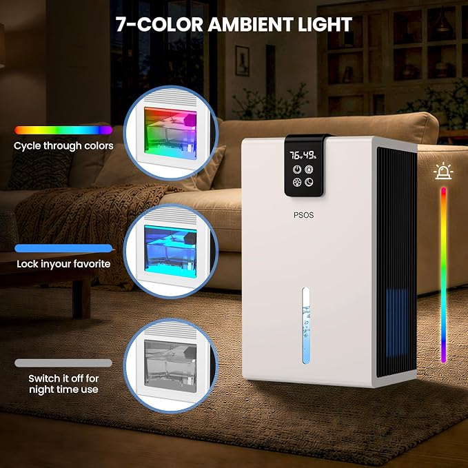 Dehumidifier, Dehumidifiers for Home, 98 OZ Water Tank, (1000 sq.ft) Quiet Dehumidifier for Basement Bathroom Bedroom with Humidity Display, Auto Shut Off, Relaxing 7 Color Light(White)