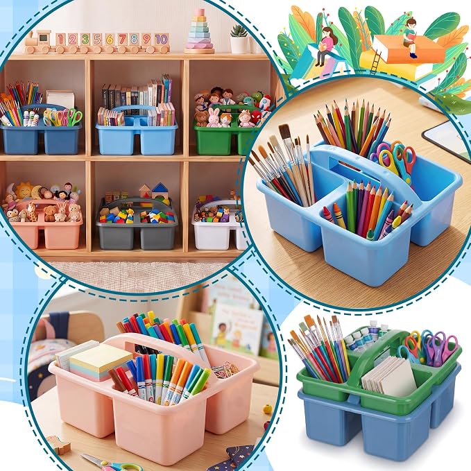 Geelin 24 Pack Classroom Caddy Bulk, Plastic Storage Caddy with Handle and 3 Compartments, Stackable Art Supply Caddies Organizer(Morandi)