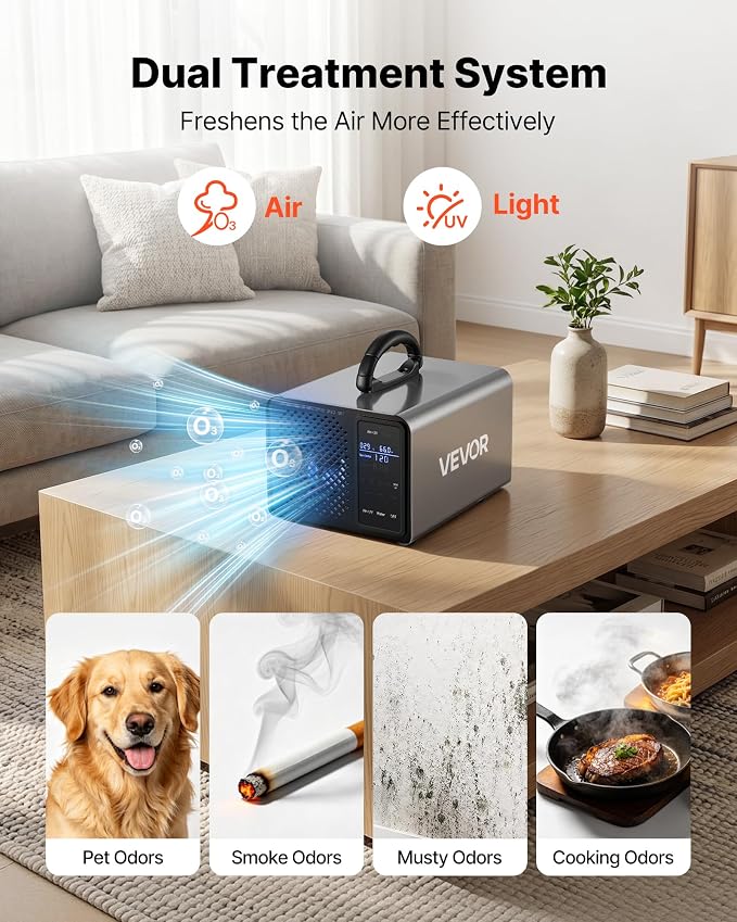 VEVOR Ozone Generator, 36000mg/h Commercial Ozone Machine, with 15s Delayed Start & Area-Based Timer & LCD Touchscreen Display, Industrial Deodorizer for Car, Smoke, Home Odors, Up to 3200 sq.ft