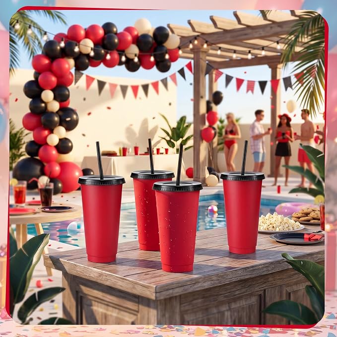 Honeydak 30 Pack Tumbler with Straw and Lid Bulk Cups for Gifts Water Bottle Iced Coffee Travel Mug Cup Reusable Plastic Tumblers for Party Birthdays 24-27 oz (Red and Black)