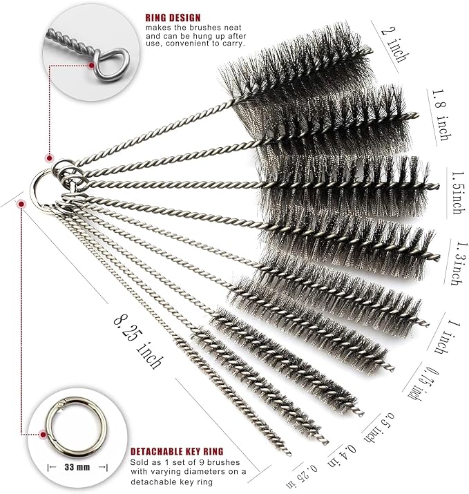 Pipe Cleaning Brush Set Stainless Steel Bristles, Stainless Steel Pipe Brush Steel Bottle Brush 9 Piece Variety Pack for Auto Parts, Bottles, Tubes, Etc.