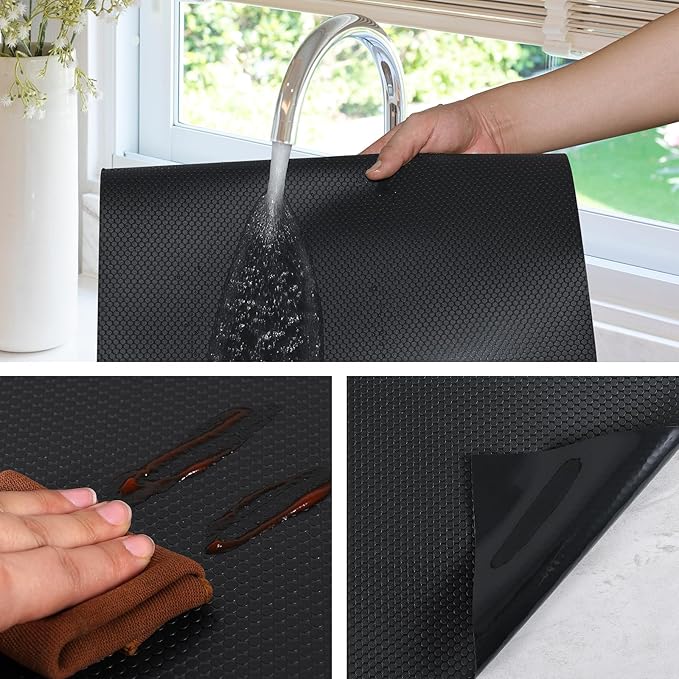 Shelf Liners for Kitchen Cabinets Non Adhesive Drawer Liner for Bathroom Waterproof Refrigerator Liners for Shelves Fridge Plastic Mats Cabinet Cupboard Liner Black 11.8 x 59 Inches