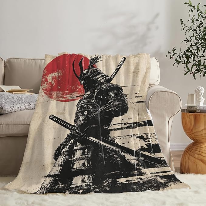 Tijuboni Japanese Samurai Throw Blanket Japanese Warrior Gifts for Men Women Girls Boys Kids Adults Soft Flannel Fleece Blanket for Couch Sofa Bed Home Decor 40"x50"