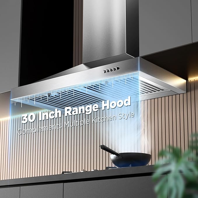 Range Hood 30 inch, Wall Mount Vent Hood in Stainless Steel, Ducted/Ductless Convertible Duct, Kitchen Hood w/Baffle Filters, 3 Speed Fan, Energy Saving LED Light, Push Button Control