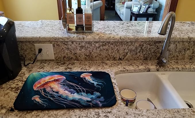 Caroline's Treasures Deep-Sea Jellyfish Dish Drying Mat Absorbent Dish Drying Mat Pad for Kitchen Counter Dish Drainer Mat for Countertop, 14 x 21", Multicolor