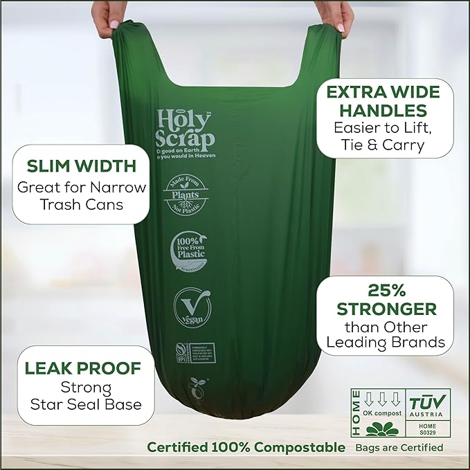 Large Slim Compostable Trash Bags - 8-10 Gallon, 60 Pack | Plastic-Free Tall Kitchen Garbage Bags & Liners with Easy-Tie Handles | Thick Bin Bag Liners for Green & Food Waste