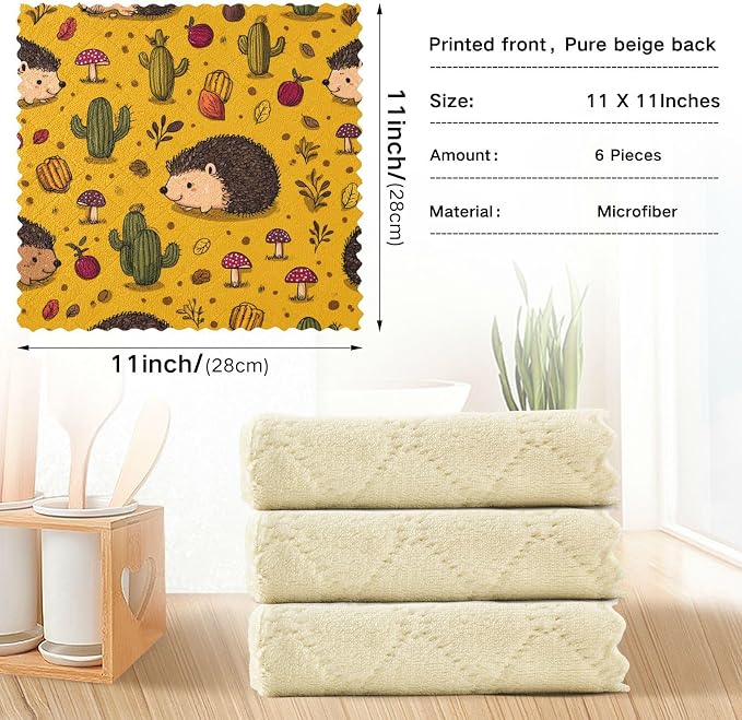 Hedgehogs Cactus Orange Kitchen Towels Dish Cloths Set of 6 Microfiber Cleaning Cloths for Cars Super Absorbent Machine