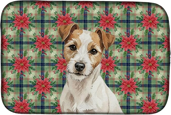 Caroline's Treasures White with Tan Markings Russell Terrier Christmas PoinsettIas Dish Drying Mat Absorbent Dish Drying Mat Pad for Kitchen Counter Dish Drainer Mat for Countertop