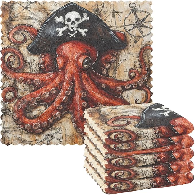 Octopus Pirate and Compass Kitchen Towels Dish Cloths Set of 6 Microfiber Cleaning Cloths for Cars Super Absorbent Machine