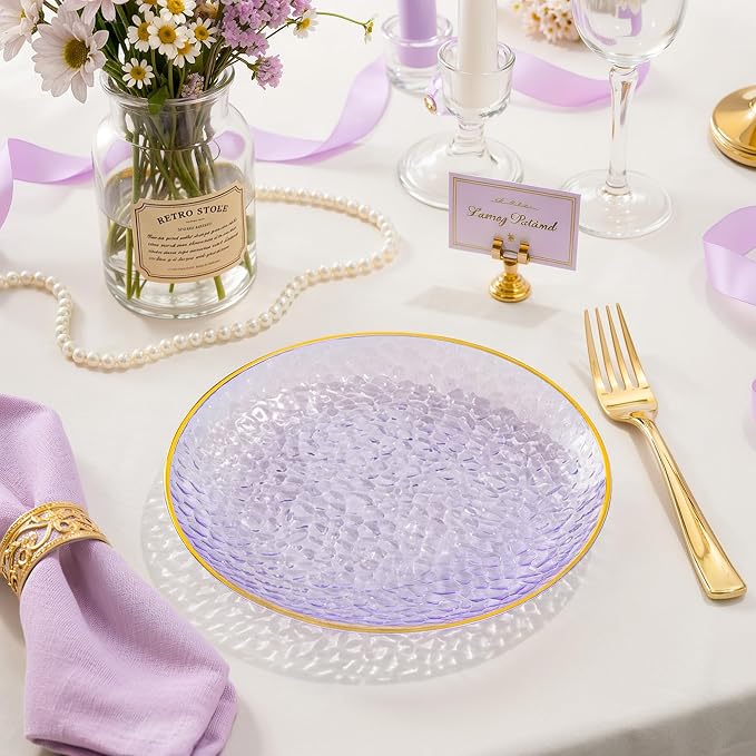 DaYammi 240Pcs Purple Plastic Plates Including 120Pcs Purple Dessert Plates and 120Pcs Gold Cake Forks,Hammered Appetizer plates Heavy duty Disposable Plastic Plate for Party Wedding Birthday