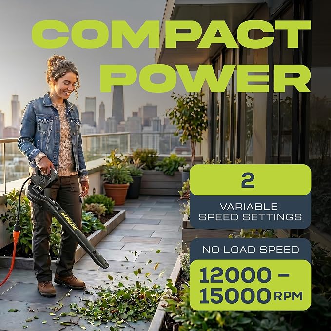 Sun Joe SBJ601E 120V 2-Speed Electric All-Purpose Blower with 100A Motor, 215 MPH Air Speed, and 240 CFM Airflow, Includes Concentrator Nozzle | 215 MPH Air Speed, and 240 CFM Airflow, Includes Concentrator Nozzle