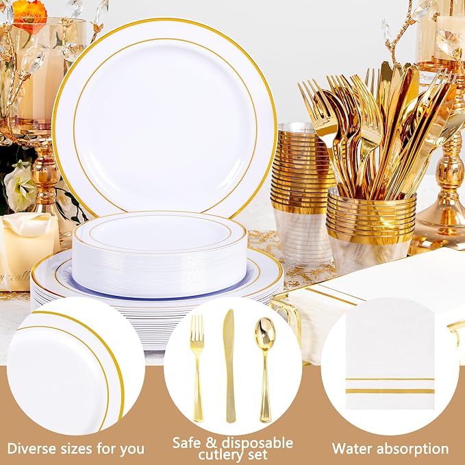 GATHER 175 Pieces Gold Dinnerware Disposable - White and Gold Plastic Plates Includes 50 Plates, 25 Plastic Silverware, 25 Napkins, 25 Cups for Wedding Party