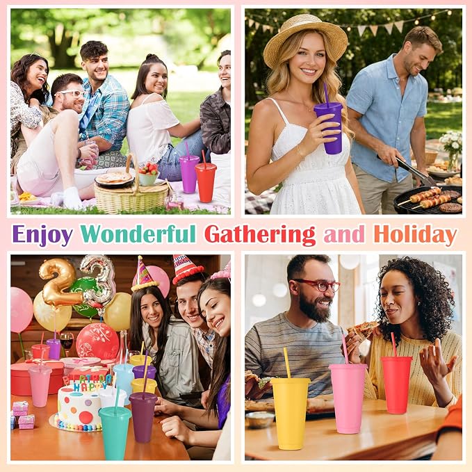 Honeydak 120 Pack Tumbler with Straw and Lid Bulk Cups for Gifts Water Bottle Iced Coffee Travel Mug Cup Reusable Plastic Tumblers for Party Birthdays 24-27 oz (Classic Color)