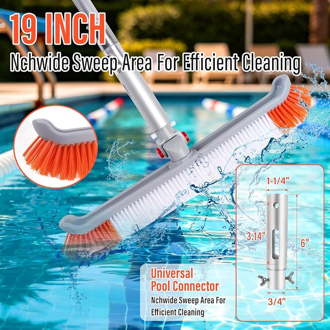 16FT Telescoping Pool Pole with 19" Pool Brush Head,Reinforced Aluminum Adjustable Extension Pole,Heavy Duty Adjustable Pool Cleaning Pole for Inground & Above Ground Pool Wall Tile Floor Cleaning