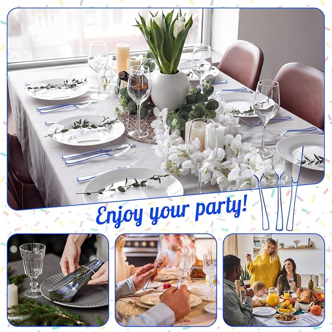Minatee 150 Pcs Blue Plastic Silverware, Clear Disposable Cutlery Set Heavy Duty Utensil Sets 50 Forks 50 Knives 50 Spoons for Birthday Party Home Office School Picnics Restaurant Outdoor Events