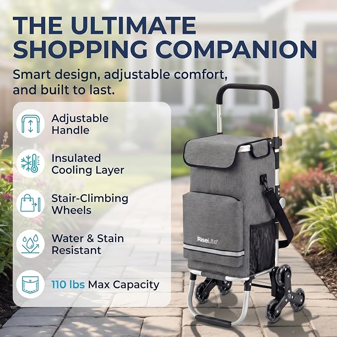 Stair Climbing Cart - Shopping Cart with Wheels for Stairs, Foldable Tri-Wheel Grocery Cart for Seniors & Apartments, 55L Bag with Insulated Cooler, Adjustable Handle, 110 Lbs, Waterproof