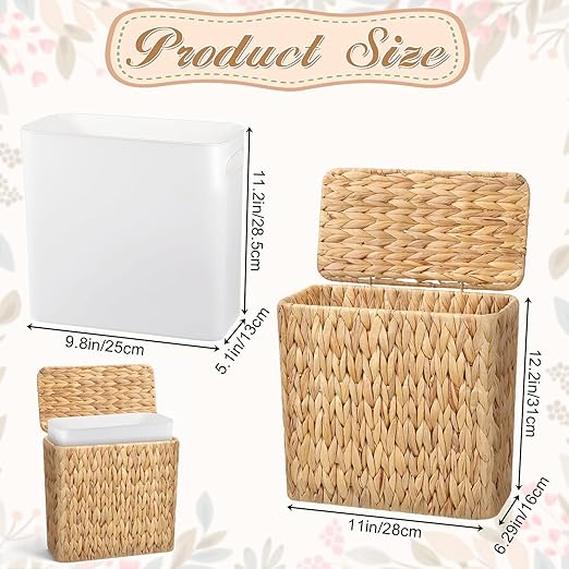 WLLHYF Wicker Waste Basket with Lid Water Hyacinth Handwoven Garbage Can Small Bathroom Trash Can Boho Rattan Wastebasket with Removable Liner for Bedroom Home Living Room Office Kitchen